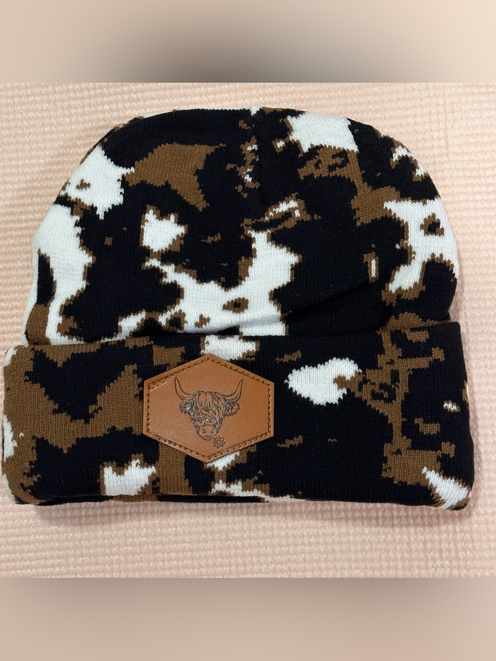 Brown Black White Patterned Knit Beanie with Leather Patch